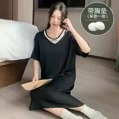莫代尔 简约轻盈透气休闲短袖气质百搭时尚带胸垫防凸点宽松可外穿夏季睡裙 女款 黑色