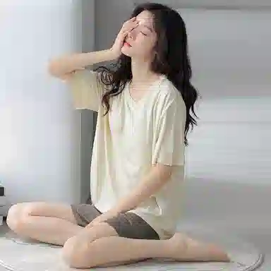 莫代尔 舒适高级感清新休闲带杯垫防凸点简约柔软透气家居服睡衣套装 女款 杏色