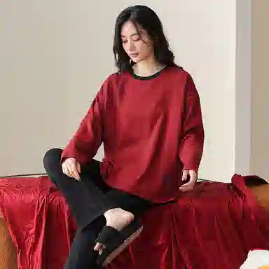 莫代尔 中国风潮流喜庆轻薄时尚柔软舒适微弹透气亲肤耐磨长袖宽松休闲可外穿春秋季睡衣套装 女款 红色