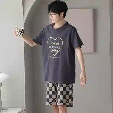 莫代尔 简约字母时尚韩版舒适亲肤透气短袖松紧带可外穿休闲五分裤睡衣套装 男款 浅灰色