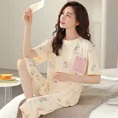 莫代尔 舒适亲肤柔软自带可拆卸胸垫防凸点细腻透气微弹耐磨吸汗短袖弹力裤腰不勒腹七分裤可居家休闲可外穿睡衣套装 女款 杏色