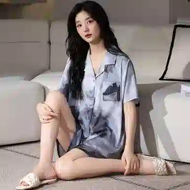 莫代尔 休闲简约宽松细腻翻领开衫舒适柔软亲肤透气显瘦个性无束缚短袖短裤情侣款家居服可外穿睡衣套装 男女同款