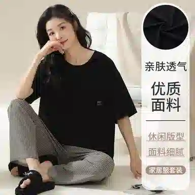 莫代尔 时尚简洁休闲套头宽松细腻柔软亲肤不易起球短袖长裤可外穿夏季睡衣套装 女款 黑色