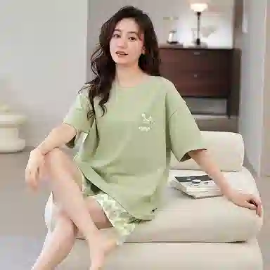 莫代尔 薄款卡通兔韩版时尚满印花千鸟格格仔裤甜美少女睡衣套装 女款 黄绿色