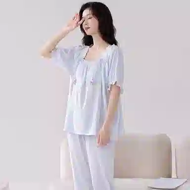 莫代尔 简约舒适亲肤柔软轻盈透气带胸垫防凸点带图案短袖长裤睡衣套装 女款 浅蓝色