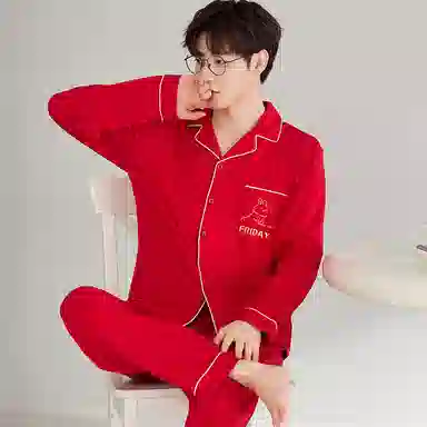 莫代尔 时尚开衫显瘦长袖长裤简约亲肤舒适家居服可外穿睡衣套装 男女同款 红色