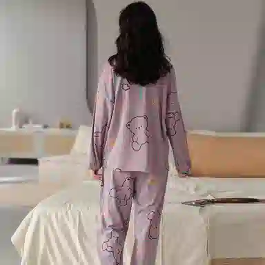 莫代尔 圆领简约舒适字母长袖上衣松紧腰长裤睡衣套装 女款 灰紫色