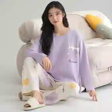 莫代尔 亲肤带胸垫防凸点舒适长袖花卉满印长裤套头圆领甜美家居服可外穿睡衣套装 女款 香芋紫