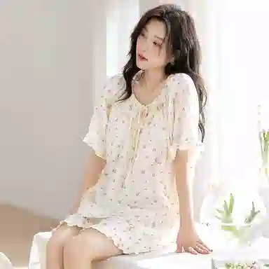 莫代尔 休闲舒适小清新亲肤碎花短袖三分裤睡衣套装 女款 白色