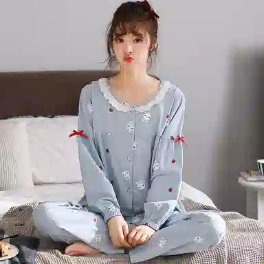 莫代尔 开衫圆领卡通满印韩版时尚亲肤休闲长袖长裤家居服可外穿睡衣套装 女款 浅蓝色