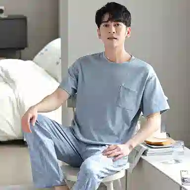 莫代尔 柔软舒适亲肤透气微弹耐磨吸湿排汗短袖松紧裤腰不勒腹长裤可居家休闲可外穿睡衣套装 男款 粉蓝色