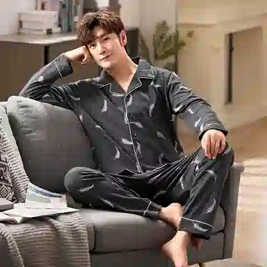 莫代尔 加大透气轻柔舒适翻领长袖长裤家居服睡衣套装 男 深灰色