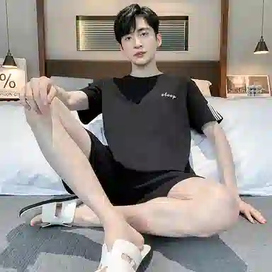 莫代尔 透气舒适经典圆领套头无束缚短袖柔软亲肤不易起球居家服可外穿睡衣套装 男款 黑色