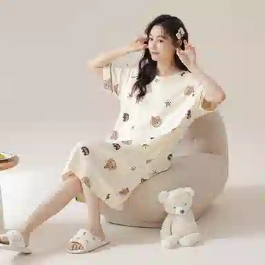 莫代尔 简约柔软舒适细腻透气耐磨微弹带胸垫防凸点亲肤休闲可外穿短袖睡裙 女款 杏色