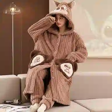 莫代尔 韩版时尚卡通舒适柔软亲肤保暖蓄热储温长袖长裤睡衣套装 男女同款