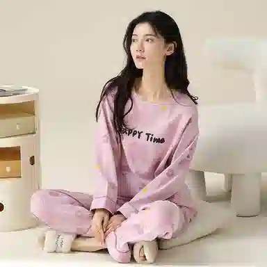 莫代尔 亲肤带胸垫防凸点套头圆领长袖长裤韩版卡通熊满印可外穿睡衣套装 女款 香芋紫