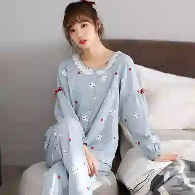 莫代尔 开衫圆领卡通满印韩版时尚亲肤休闲长袖长裤家居服可外穿睡衣套装 女款 浅蓝色