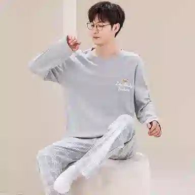 莫代尔 舒适透气纯棉柔软亲肤细腻宽松微弹耐磨吸湿排汗开衫长袖松紧裤腰可居家休闲可外穿长裤睡衣套装 男款 银色