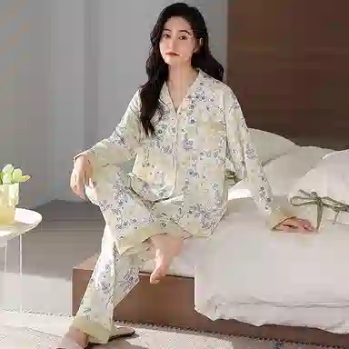 莫代尔 小清新时尚亲肤透气细腻柔软舒适开衫翻领长袖可外穿春秋季睡衣套装 女款 杏色