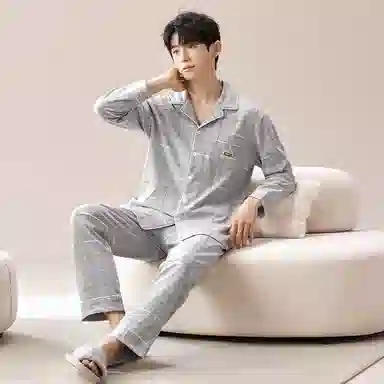 莫代尔 舒适透气柔软亲肤细腻纯棉宽松微弹耐磨开衫长袖中腰长裤可居家休闲外穿睡衣套装 男款 银色