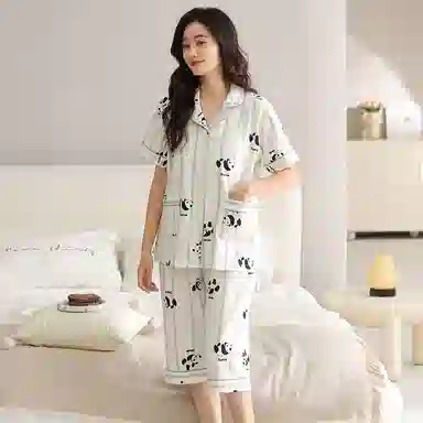 莫代尔 可外穿简约经典清新休闲时尚薄款开衫翻领短袖七分裤带杯垫一体式防凸点家居服睡衣套装 女款 白色