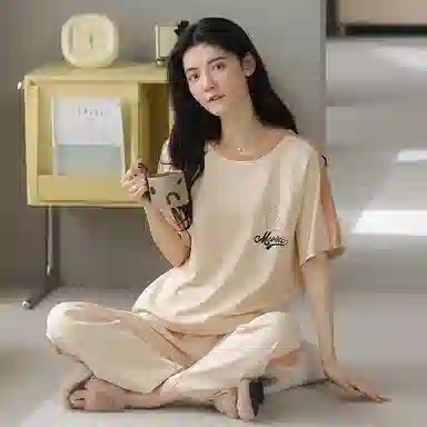 莫代尔 舒适亲肤圆领百搭轻柔短袖上衣家居服可外穿长裤睡衣套装 女款 杏色