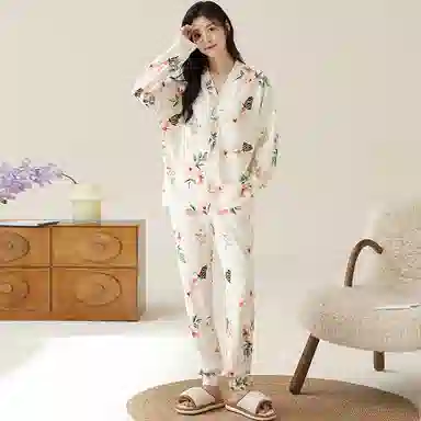 莫代尔 柔软透气吸湿排汗轻盈微弹亲肤耐磨舒适长袖长裤居家休闲可外穿睡衣套装 女款 杏色