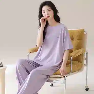 莫代尔 宽松显瘦轻薄透气圆领套头个性百搭舒适柔软亲肤细腻短袖长裤不易起球家居服可外穿女士睡衣套装 女款