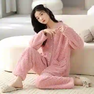 莫代尔 亲肤保暖开衫纯色家居服可外穿睡衣套装 女款 粉色