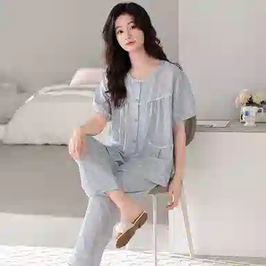 莫代尔 显瘦韩版时尚圆领开衫舒适柔软简约休闲个性大方无束缚短袖长裤家居服可外穿睡衣套装 女款