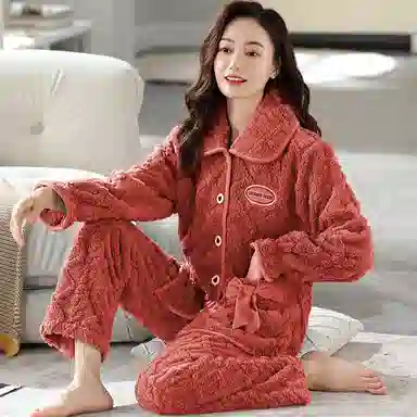 莫代尔 舒适透气宽松不臃肿显瘦亲肤细腻长袖上衣不勒腹可外穿家居服加厚保暖长裤秋冬睡衣套装 女款 橙红色
