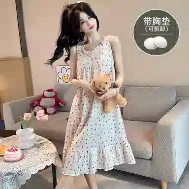 莫代尔 舒适亲肤透气凉感自带可拆卸胸垫防凸点宽肩带设计柔软温和不磨肩胸口蝴蝶结无袖吊带居家休闲可外穿睡裙 女款 白色