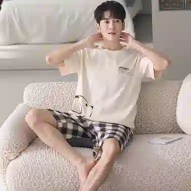 莫代尔 薄款舒适亲肤韩版卡通时尚经典短袖五分裤家居服可外穿睡衣套装 男款 杏色