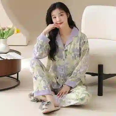 莫代尔 舒适亲肤开衫翻领长袖长裤韩版满印甜美时尚家居服可外穿睡衣套装 女款 杏色