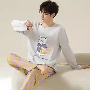 莫代尔 纯色时尚卡通印花舒适亲肤透气圆领套头长袖双口袋格子长裤可外穿男士睡衣套装 男款 浅灰色