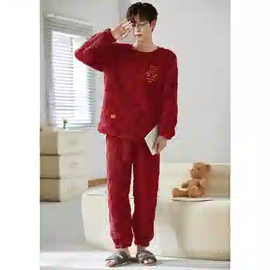 莫代尔 保暖储温蓄热防寒亲肤舒适长袖长裤套头圆领家居服可外穿睡衣套装 女款 红色