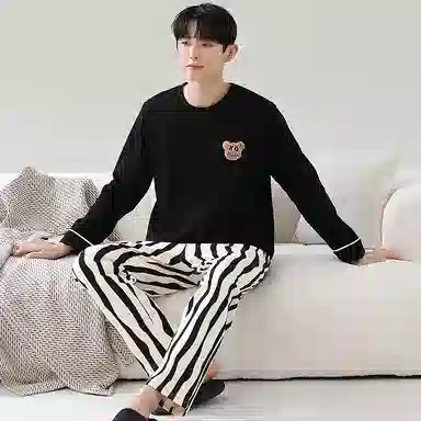 莫代尔 纯色小熊印花时尚宽松纯棉舒适亲肤套头长袖松紧带长裤居家休闲可外穿睡衣套装 男款 黑色