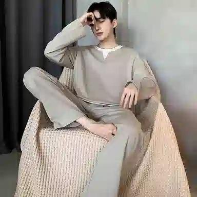 莫代尔 亲肤舒适套头圆领长袖家居服可外穿长裤睡衣套装 男款 卡其色