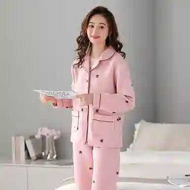 莫代尔 简约时尚轻柔长袖长裤睡衣套装 女款 桃色