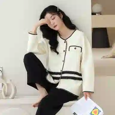 莫代尔 简约柔软细腻舒适蓄热开衫长袖弹力裤腰长裤休闲可外穿睡衣套装 女款 乳白色