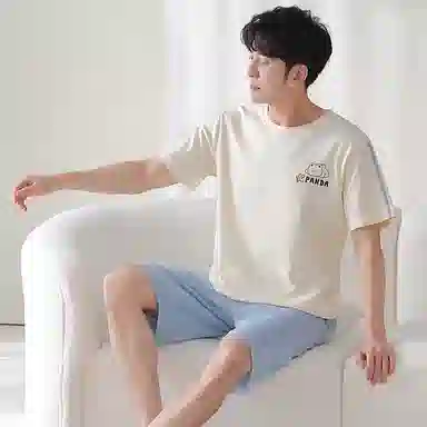 莫代尔 简约时尚卡通小熊舒适透气短袖休闲可外穿五分裤睡衣套装 男款 杏色