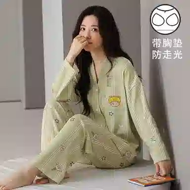 莫代尔 柔软带图案亲肤舒适细腻轻盈微弹透气开衫固定杯垫长袖长裤居家可外穿一体式睡衣套装 女款 翠绿色