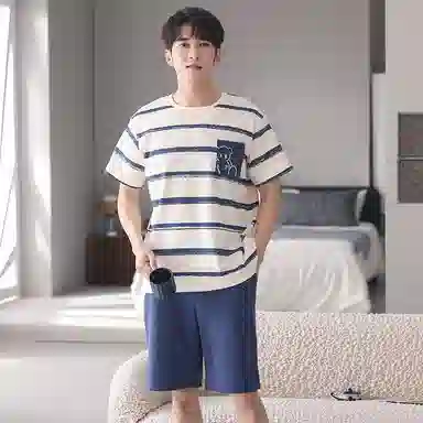 莫代尔 薄款韩版卡通条纹短袖五分裤家居服可外穿睡衣套装 男款 杏色