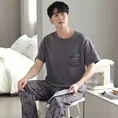 莫代尔 舒适亲肤柔软透气微弹耐磨圆领短袖松紧裤腰不勒腹长裤可居家休闲可外穿睡衣套装 男款 灰色