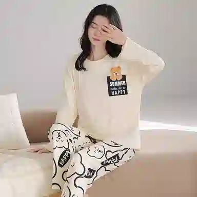 莫代尔 舒适柔软微弹透气吸湿亲肤耐磨长袖长裤不勒腹可居家休闲可外穿睡衣套装 女款 杏色