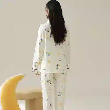 莫代尔 简约舒适柔软透气吸湿排汗亲肤开衫长袖长裤家居服可外穿睡衣套装 女款 白色