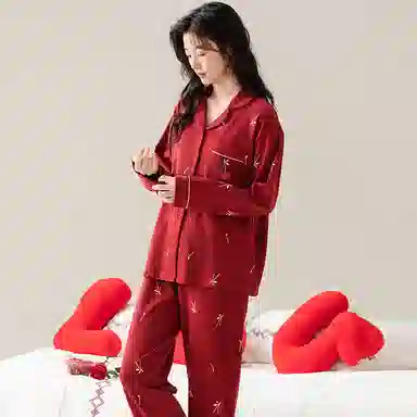 莫代尔 保暖储温细腻亲肤长袖长裤家居服可外穿睡衣套装 男女同款 红色