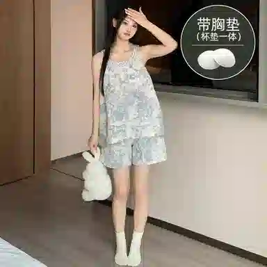 莫代尔 简约时尚轻盈舒适带胸垫防凸点家居服可外穿睡衣套装 女款 浅蓝色