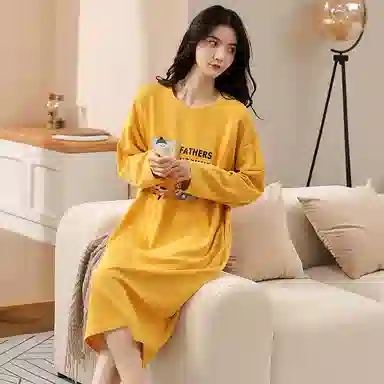 莫代尔 亲肤舒适纯色印花满印长袖居家休闲可外穿睡裙 女款 向日葵色