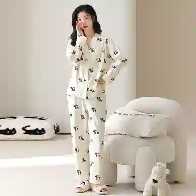 莫代尔 舒适亲肤开衫长袖长裤卡通满印孕妇月子服睡衣套装 女款 杏色